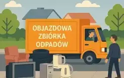 Ilustracja przedstawia pomarańczową ciężarówkę z napisem „Objazdowa zbiórka odpadów” na burcie. Obok pojazdu stoją różne przedmioty przeznaczone do utylizacji, w tym fotel, telewizor, komputer stacjonarny, czajnik elektryczny, opony i inne urządzenia. Kie