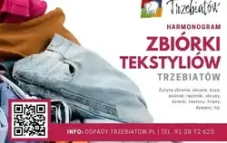 Harmonogram zbiórki tekstyliów w Trzebiatowie – na zdjęciu stos poskładanych ubrań, dżinsów oraz materiałów tekstylnych. Informacja o przyjmowanych rzeczach: zużyte ubrania, obuwie, koce, pościel, ręczniki, obrusy, ścierki, zasłony, firany, dywany i inne 