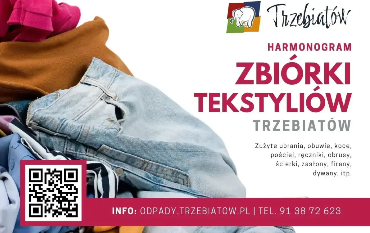 Harmonogram zbiórki tekstyliów w Trzebiatowie – na zdjęciu stos poskładanych ubrań, dżinsów oraz materiałów tekstylnych. Informacja o przyjmowanych rzeczach: zużyte ubrania, obuwie, koce, pościel, ręczniki, obrusy, ścierki, zasłony, firany, dywany i inne 